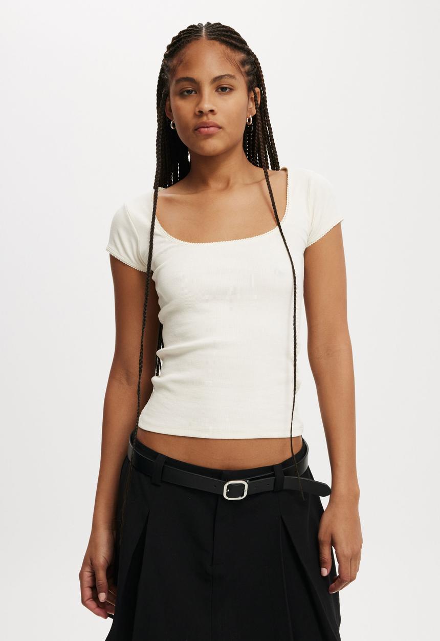 Cotton On - Lou Square Neck Short Sleeve-Natural White