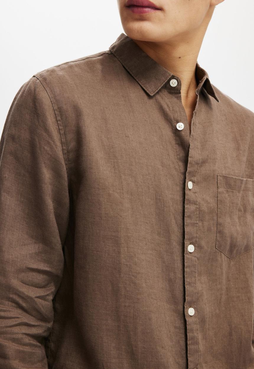 Cotton On - Linen long sleeve shirt - espresso