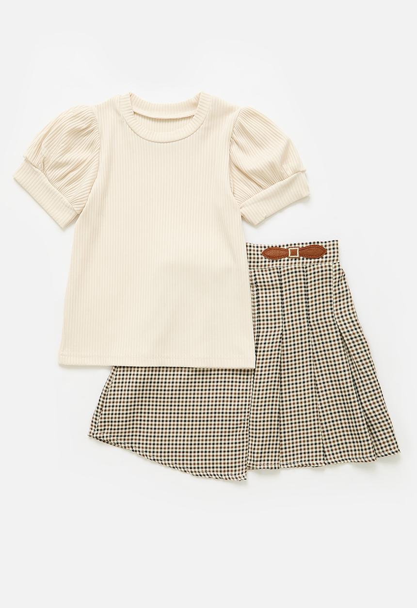 Pop Candy - Puff sleeve top and check skirt set - ecru & brown