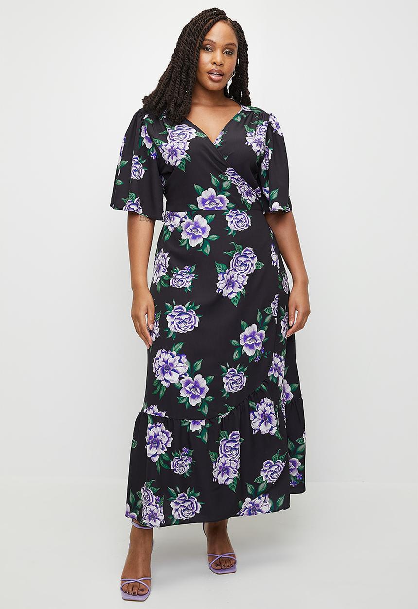 MILLA - Ruffle sleeve wrap midaxi ddress - purple roses
