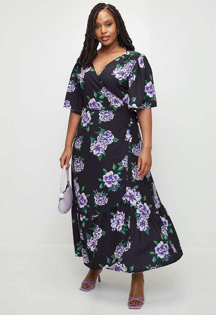 MILLA - Ruffle sleeve wrap midaxi ddress - purple roses