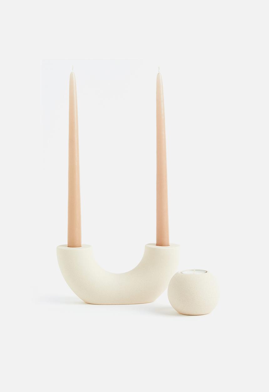 H&M - Ceramic candlestick - beige & white