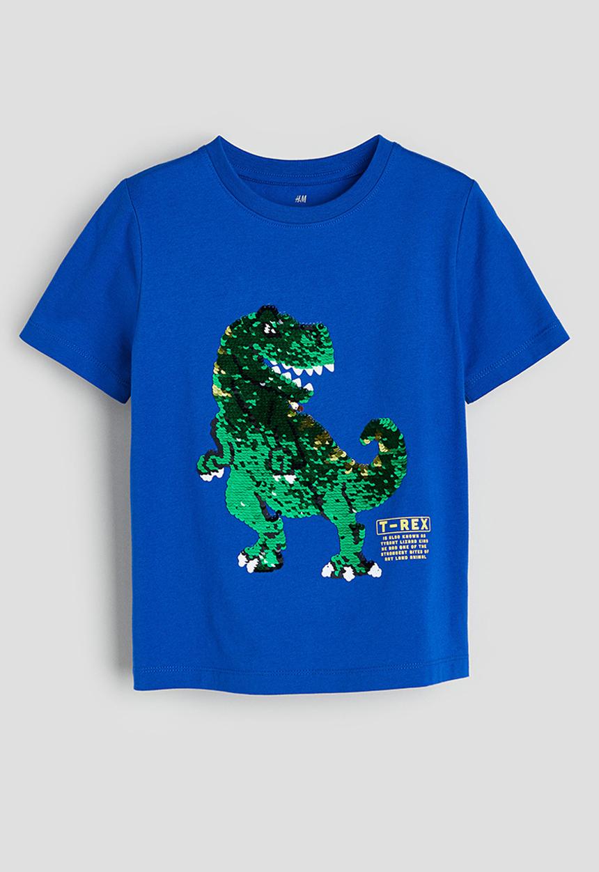 H&M - Reversible-sequin t-shirt - bright blue dinosaur