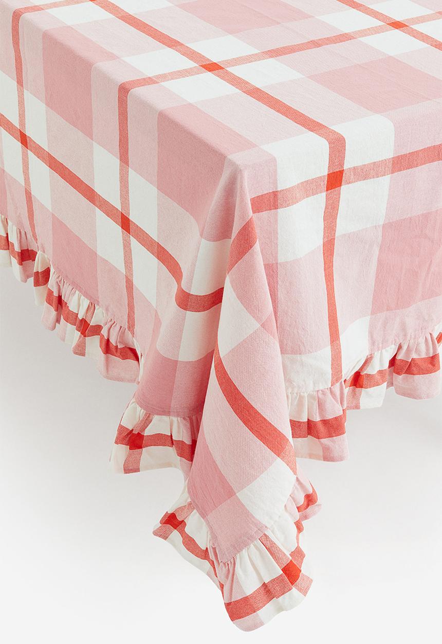 H&M - Frill-trimmed cotton tablecloth - pink & checked