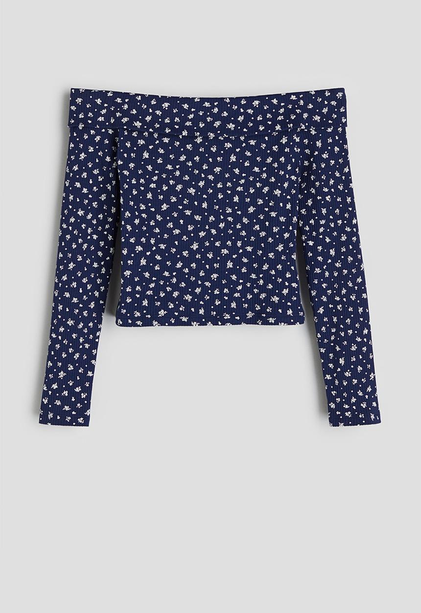 H&M - Ribbed off-the-shoulder top - dark blue floral