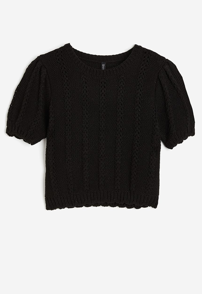 H&M - Textured-knit puff-sleeved top - black