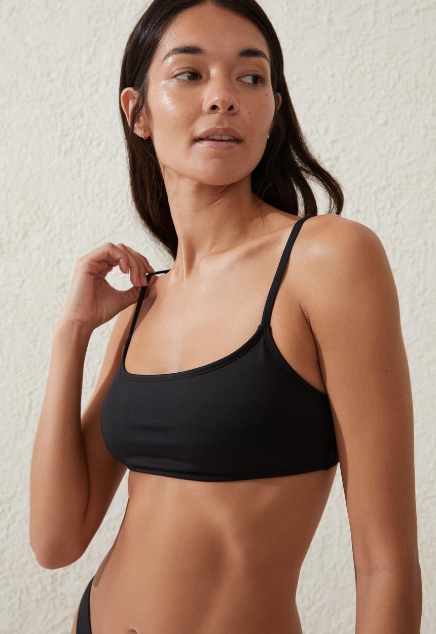 Cotton On - Straight Neck Crop Bikini Top - Black Crinkle