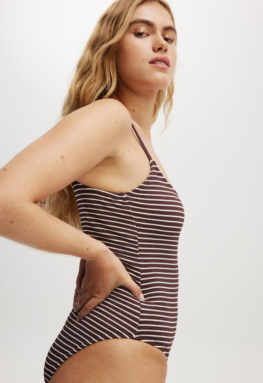 Cotton On - Thin Strap Low Scoop One Piece Cheeky - Multi Stripe Terry