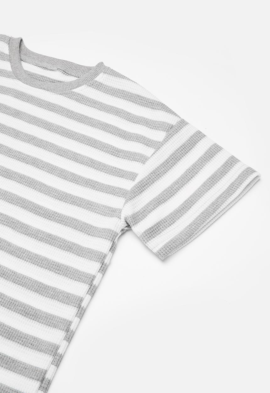 Pop Candy - Striped tee and short set-grey & white
