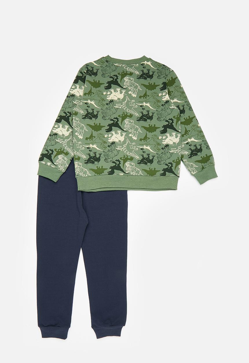 Pop Candy - Printed sweat top and pants set-green & navy