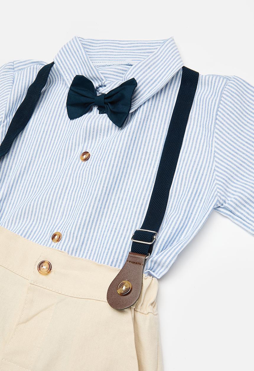 Pop Candy - Suspender short & shirt set - white & beige