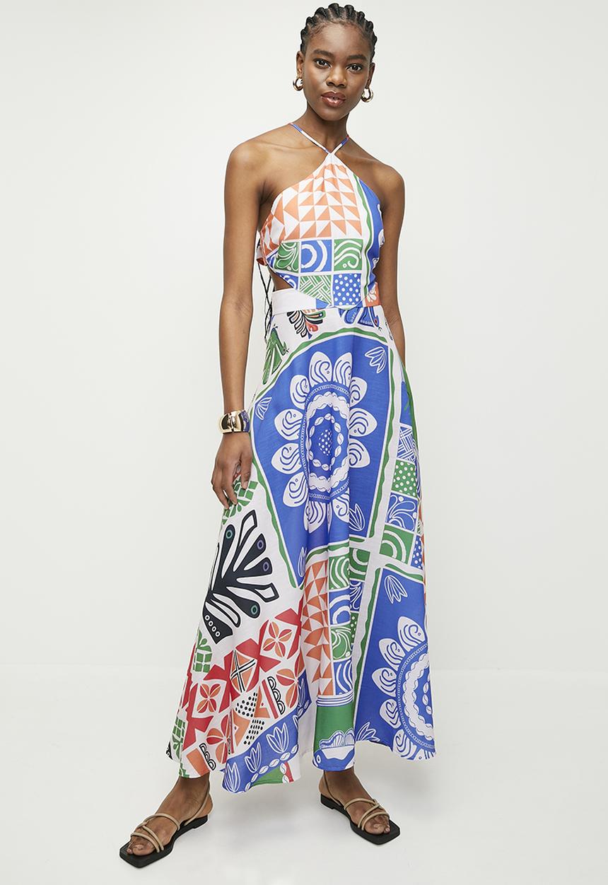 Superbalist - Linen look halter maxi fit & flare dress -vacation patchwork