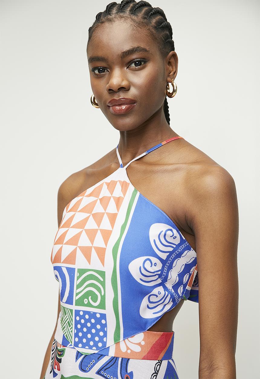Superbalist - Linen look halter maxi fit & flare dress -vacation patchwork