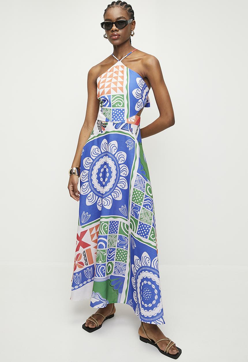 Superbalist - Linen look halter maxi fit & flare dress -vacation patchwork