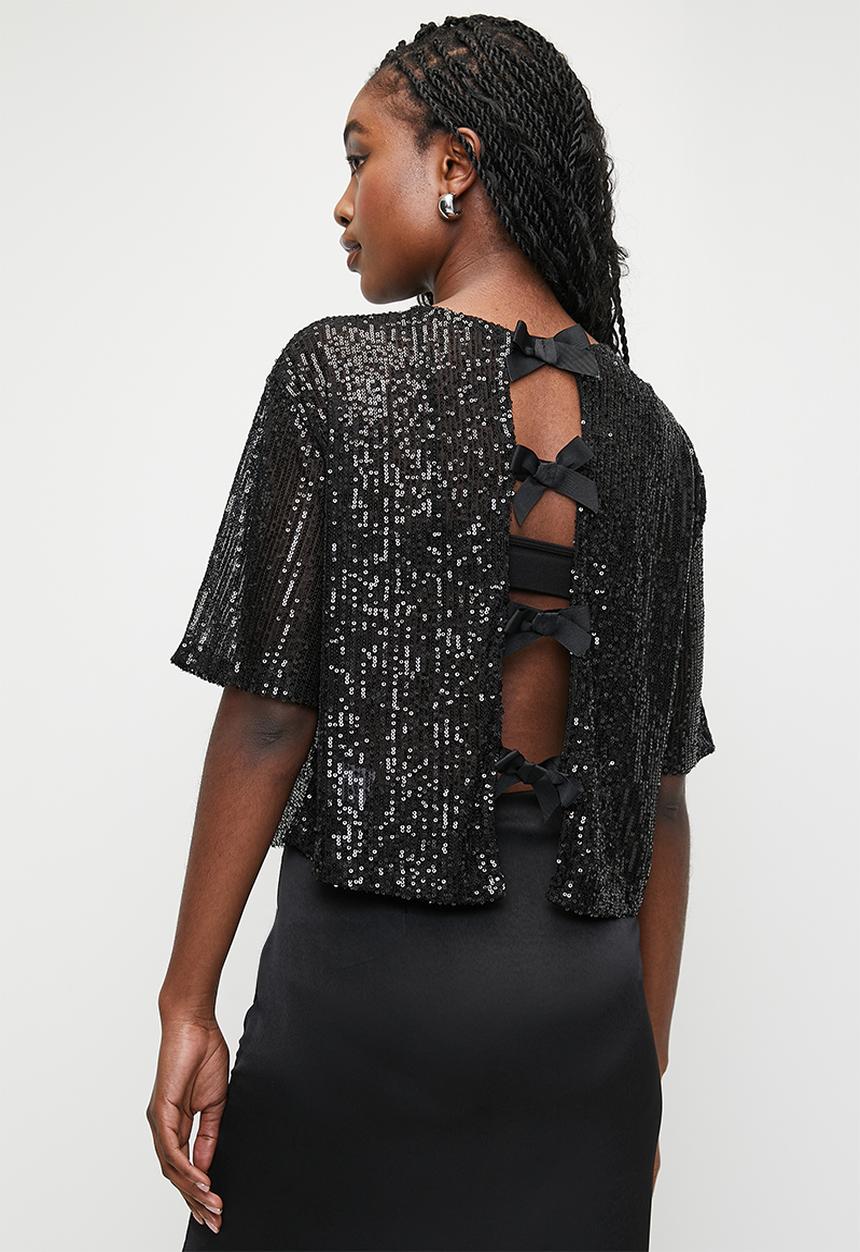 MILLA - Sequin T-shirt top-back bow - black