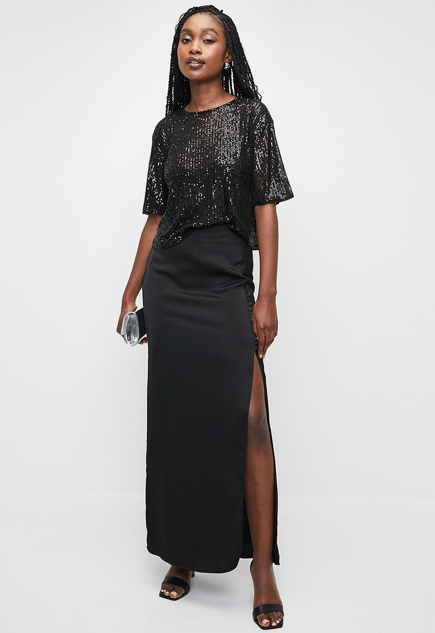 MILLA - Sequin T-shirt top-back bow - black