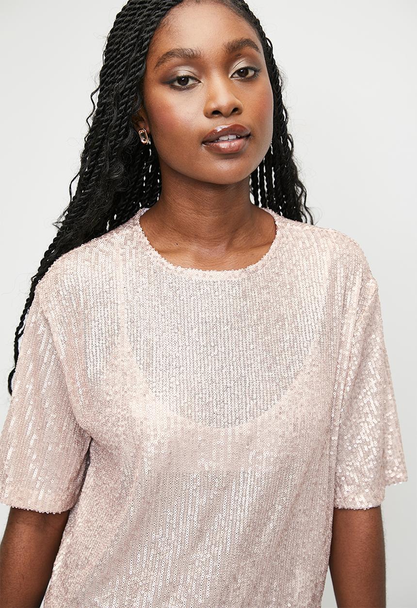 MILLA - Sequin T-shirt top-back bow - pink nude