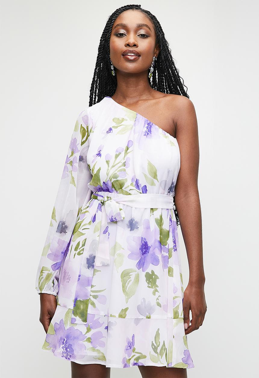 MILLA - Asymmetrical soft waisted mini dress - garden party lilac floral