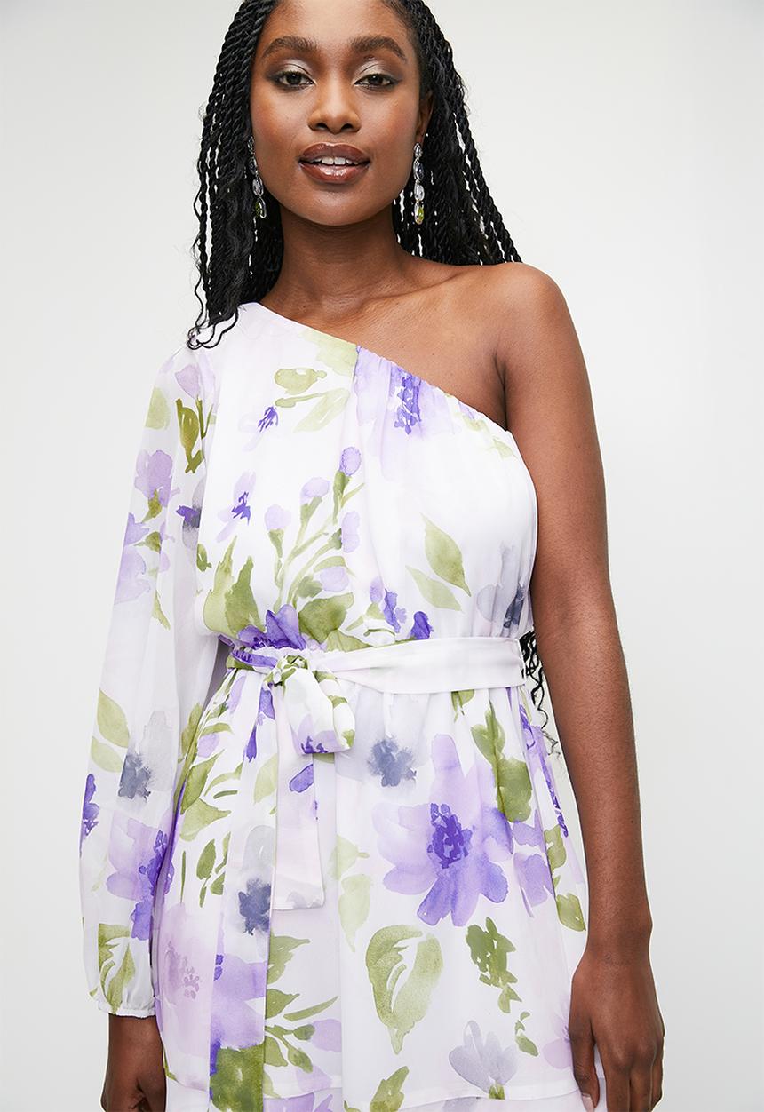 MILLA - Asymmetrical soft waisted mini dress - garden party lilac floral
