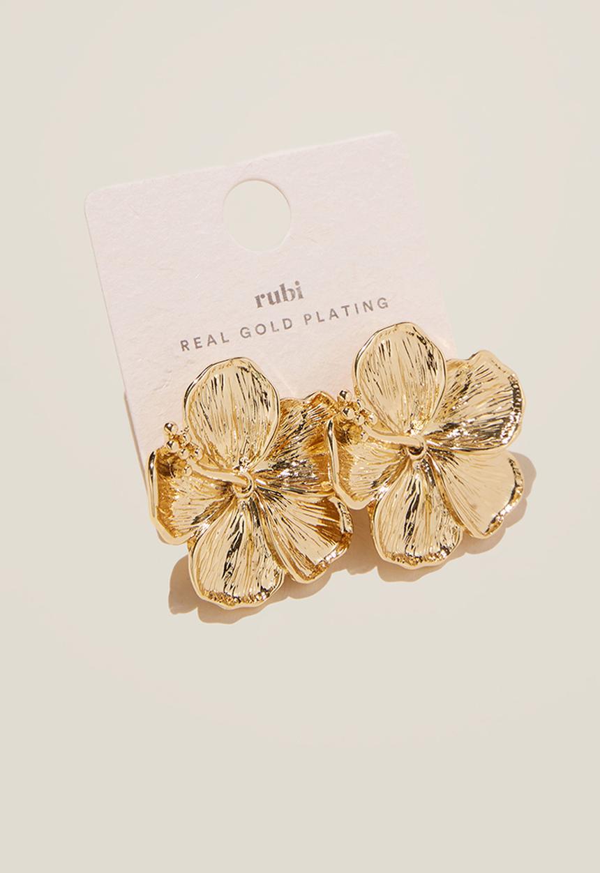 Rubi - Mid Charm Earring - Gold Plated Hibiscus Stud