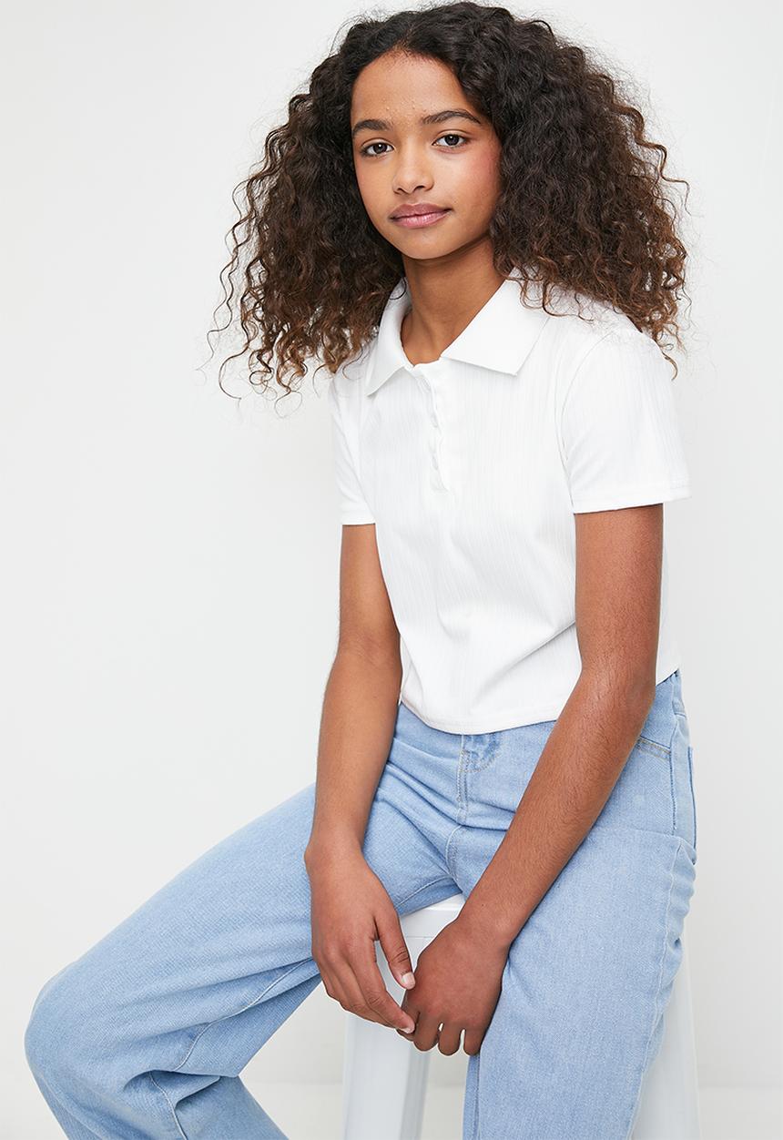 Pop Candy - Rib cropped golf shirt - white