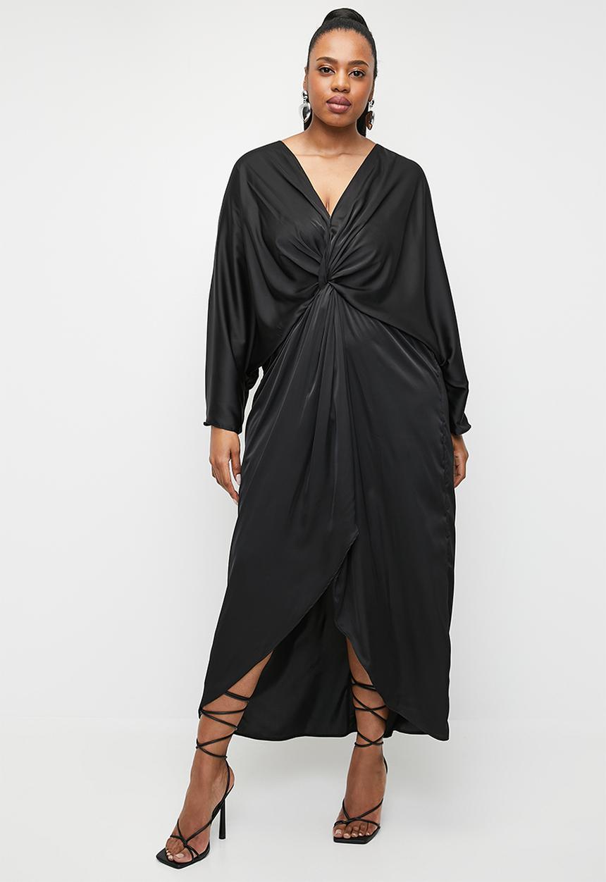 VELVET - Plus satin knot front midi dress - black.