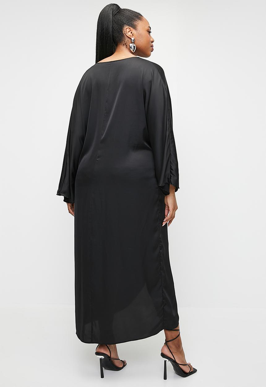 VELVET - Plus satin knot front midi dress - black.