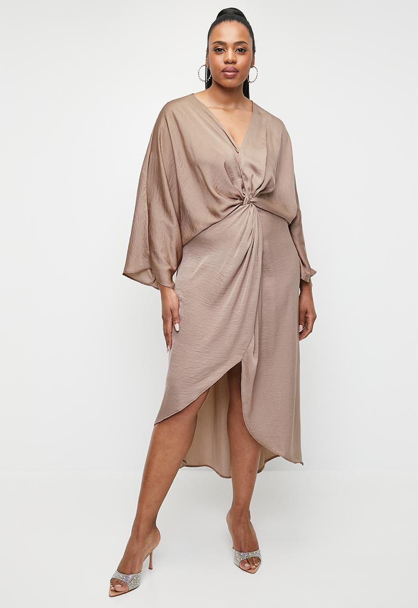 VELVET - Plus satin knot front midi dress - taupe