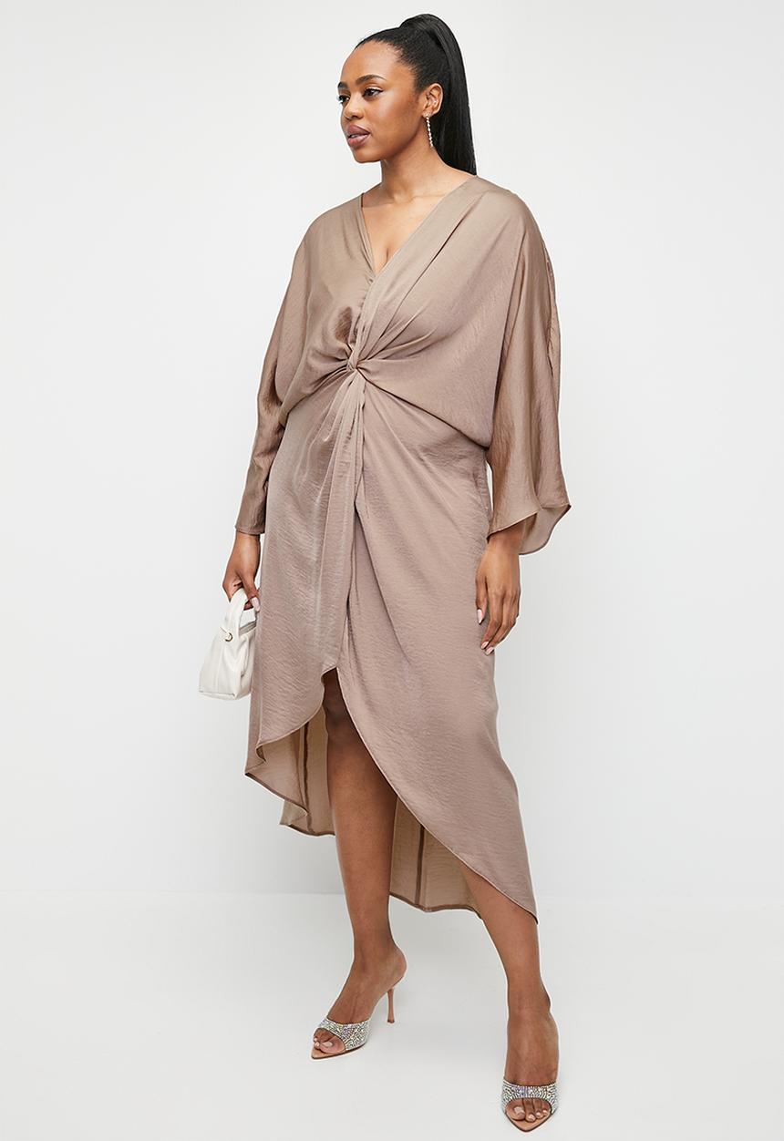 VELVET - Plus satin knot front midi dress - taupe