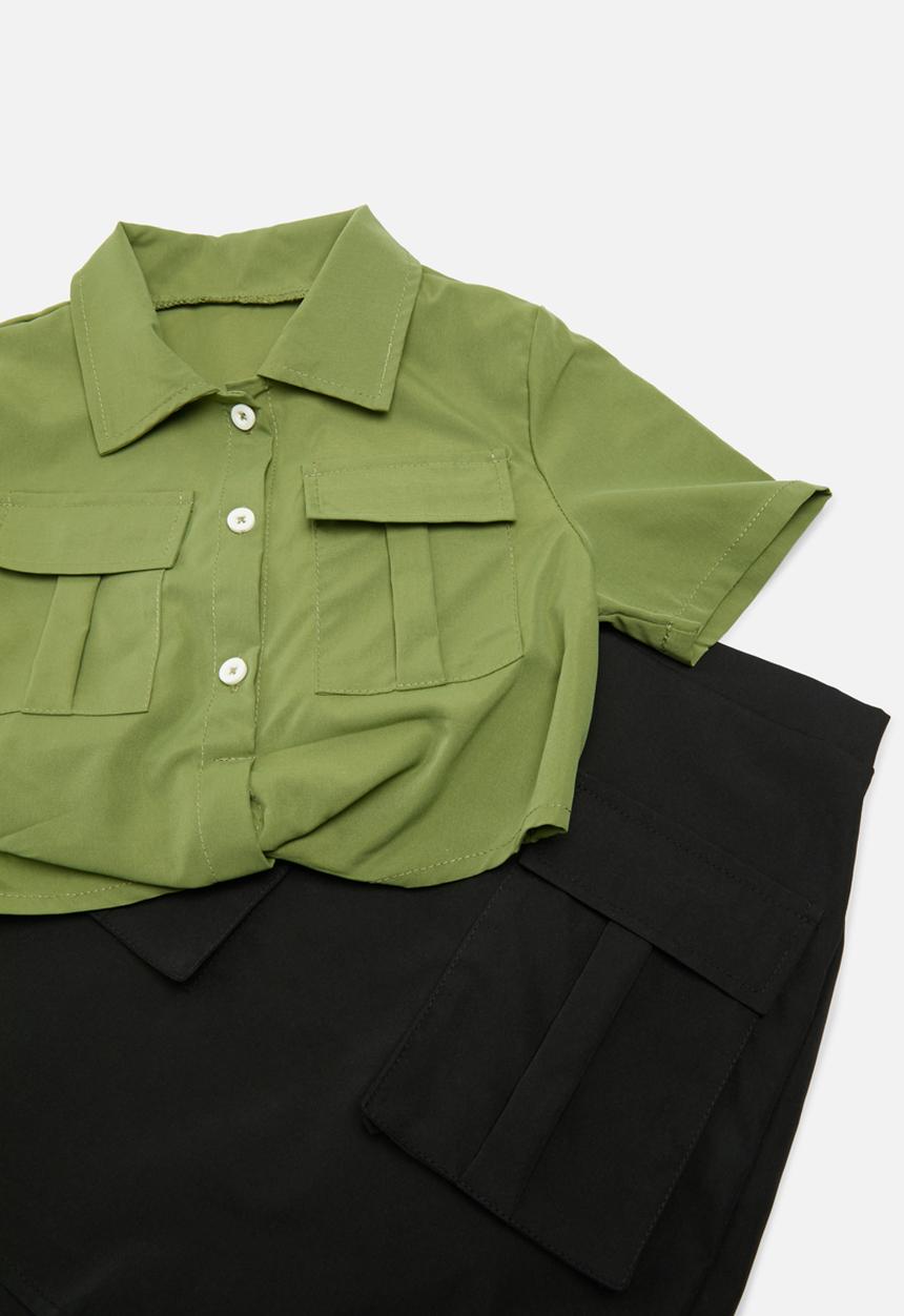 Pop Candy - Cropped shirt and skirt set-green & black