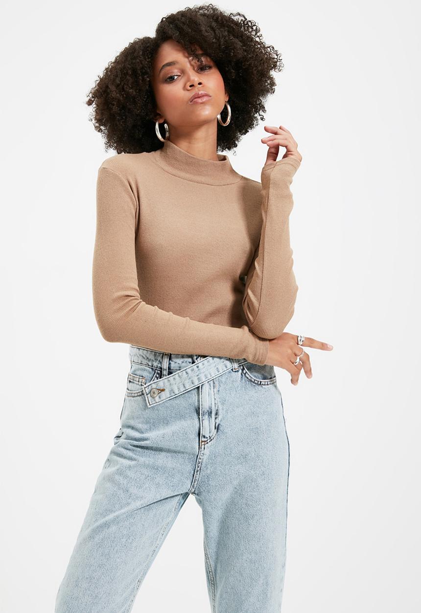 Trendyol - Fitted/Situated Collar Long Sleeve Ribbed Stretch Knit Blouse - Mink