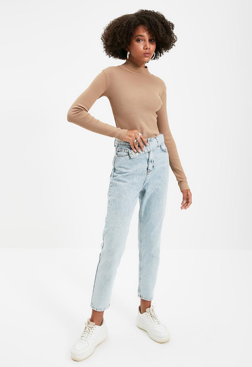 Trendyol - Fitted/Situated Collar Long Sleeve Ribbed Stretch Knit Blouse - Mink