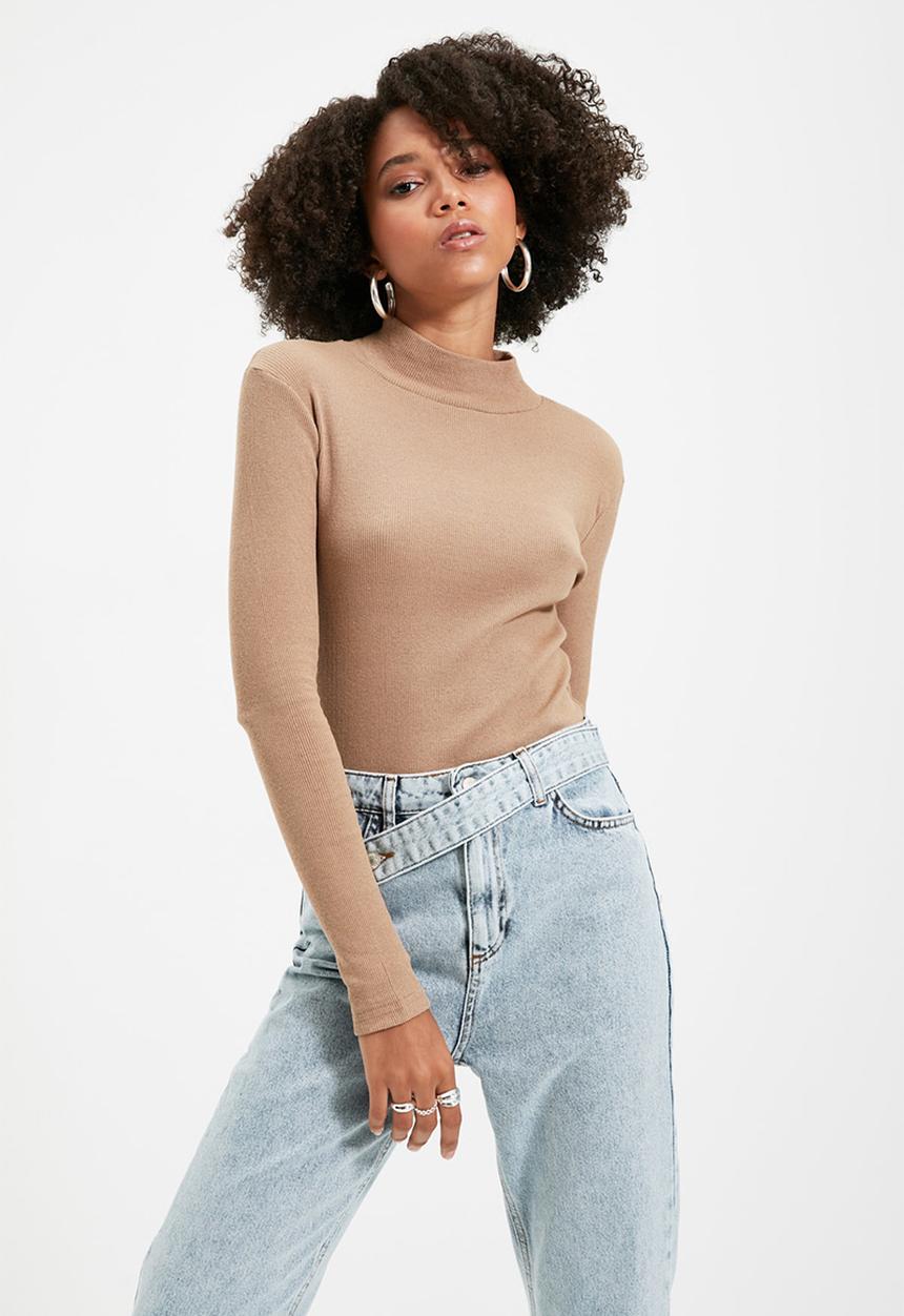 Trendyol - Fitted/Situated Collar Long Sleeve Ribbed Stretch Knit Blouse - Mink