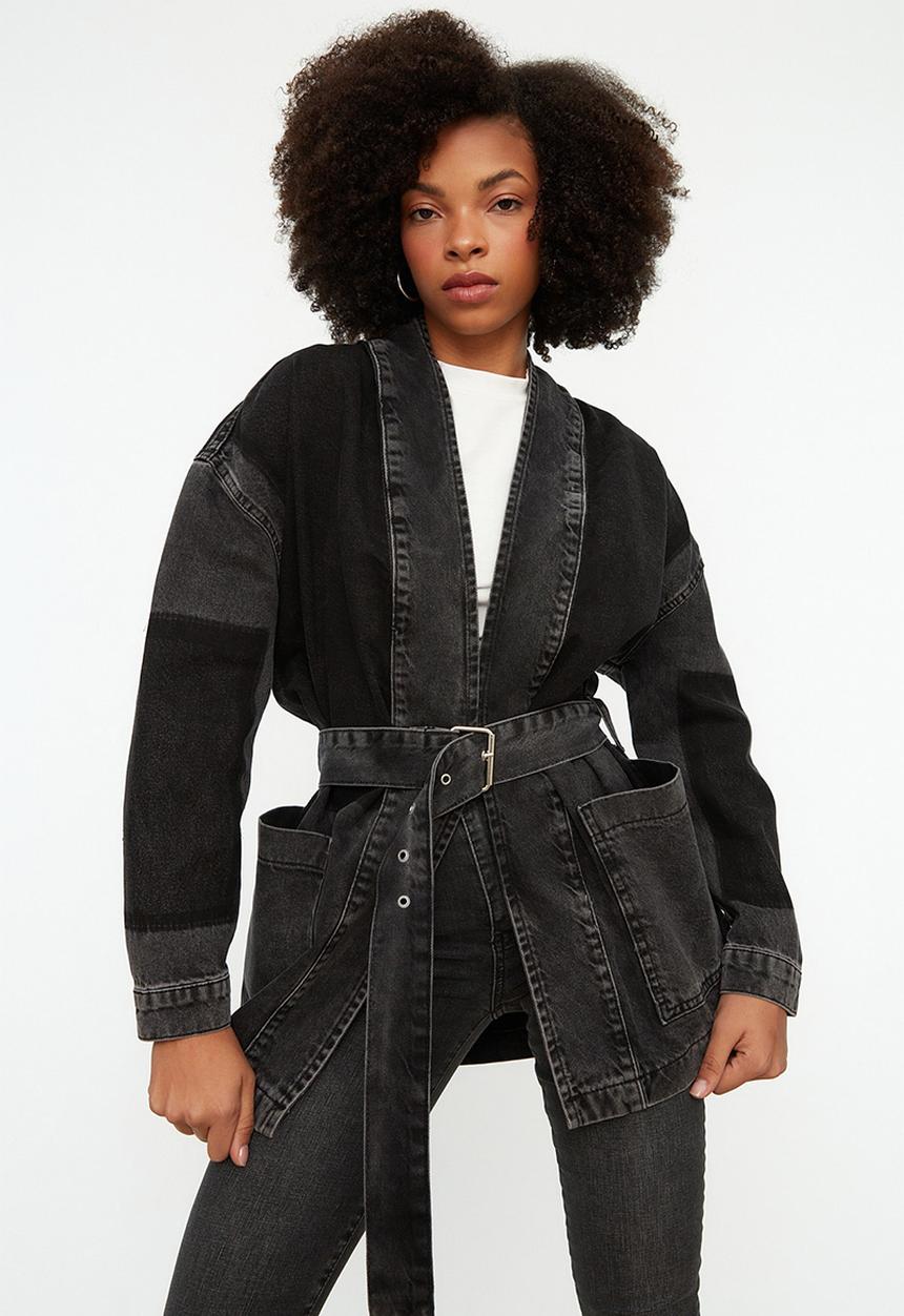 Trendyol - Color Block Oversized Denim Jacket With A Belt - Anthracite