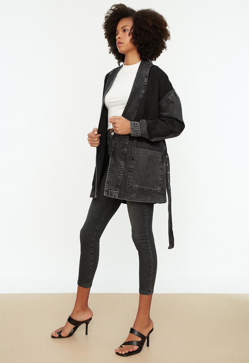 Trendyol - Color Block Oversized Denim Jacket With A Belt - Anthracite