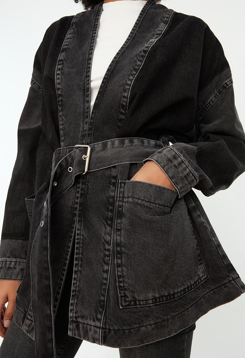 Trendyol - Color Block Oversized Denim Jacket With A Belt - Anthracite