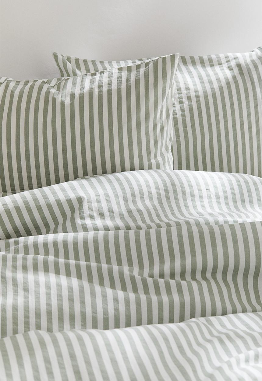 H&M - Cotton double/king duvet cover set - Light khaki green White