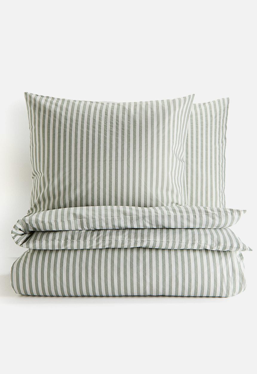 H&M - Cotton double/king duvet cover set - Light khaki green White