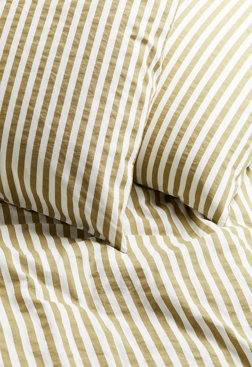 H&M - Cotton double/king duvet cover set - Light khaki green Striped