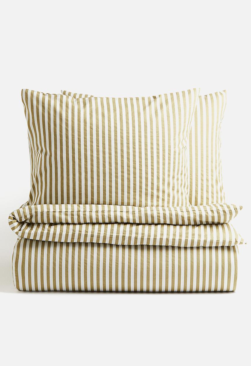 H&M - Cotton double/king duvet cover set - Light khaki green Striped