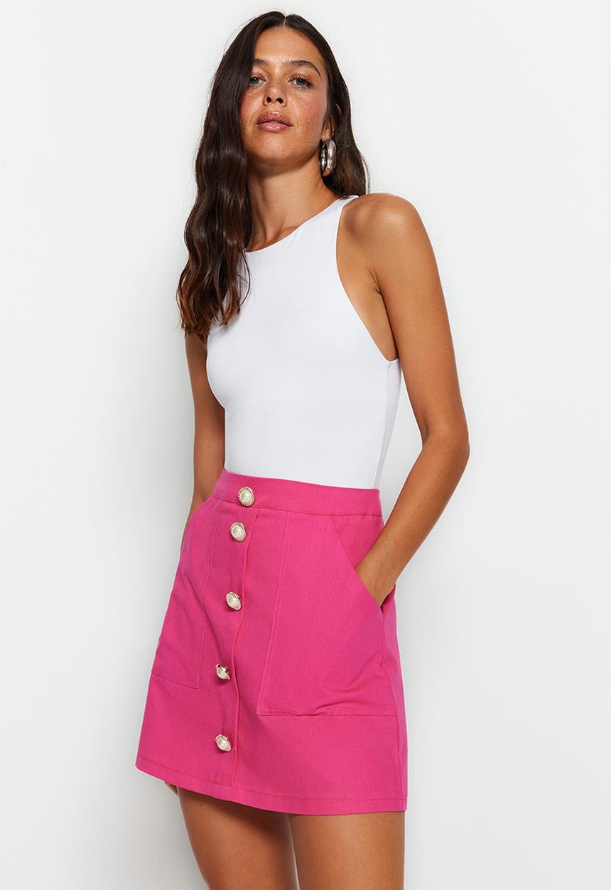 Trendyol - Front Button Detailed Mini Length Woven Skirt - Fuchsia
