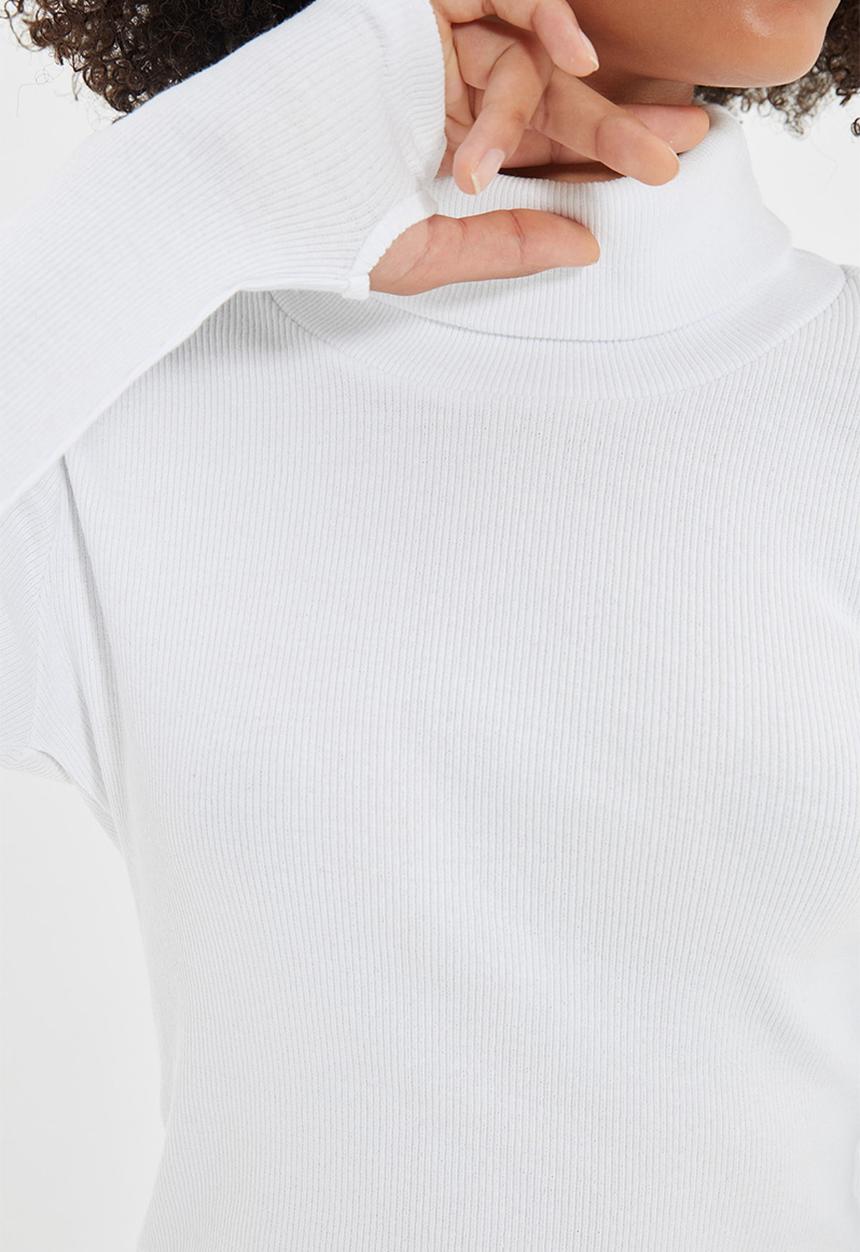 Trendyol - Fitted crop turtleneck finger detailed ribbed stretchy blouse - white
