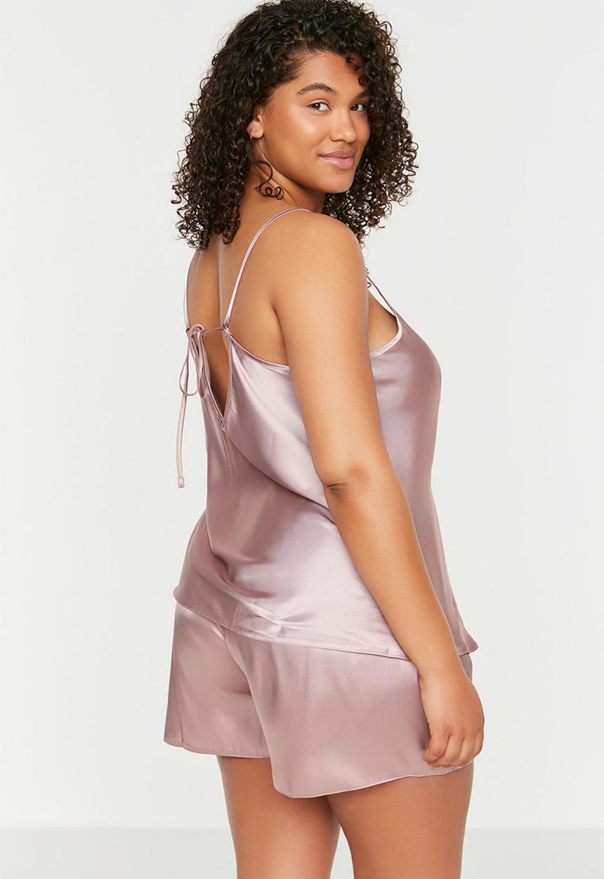 Trendyol - Plus Strap Satin Pajamas Set - Pink