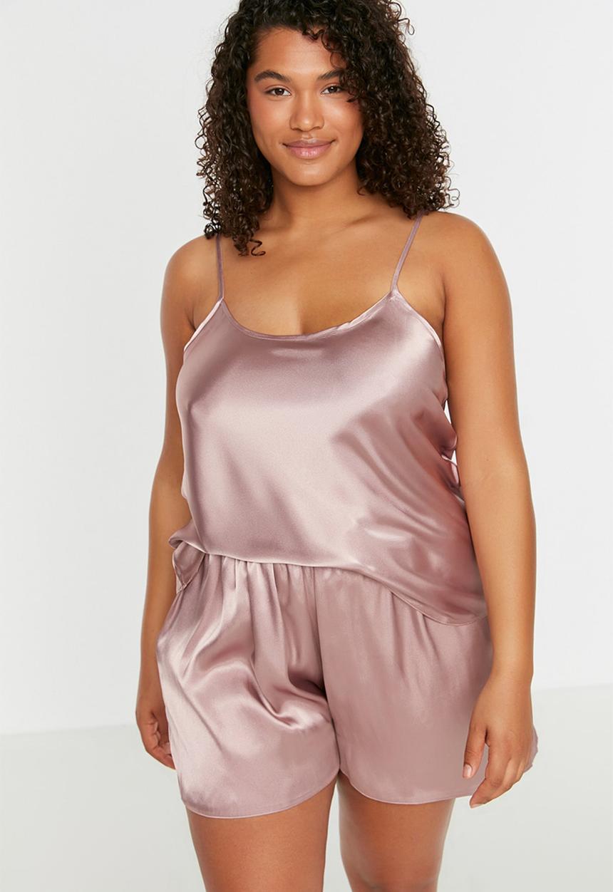 Trendyol - Plus Strap Satin Pajamas Set - Pink