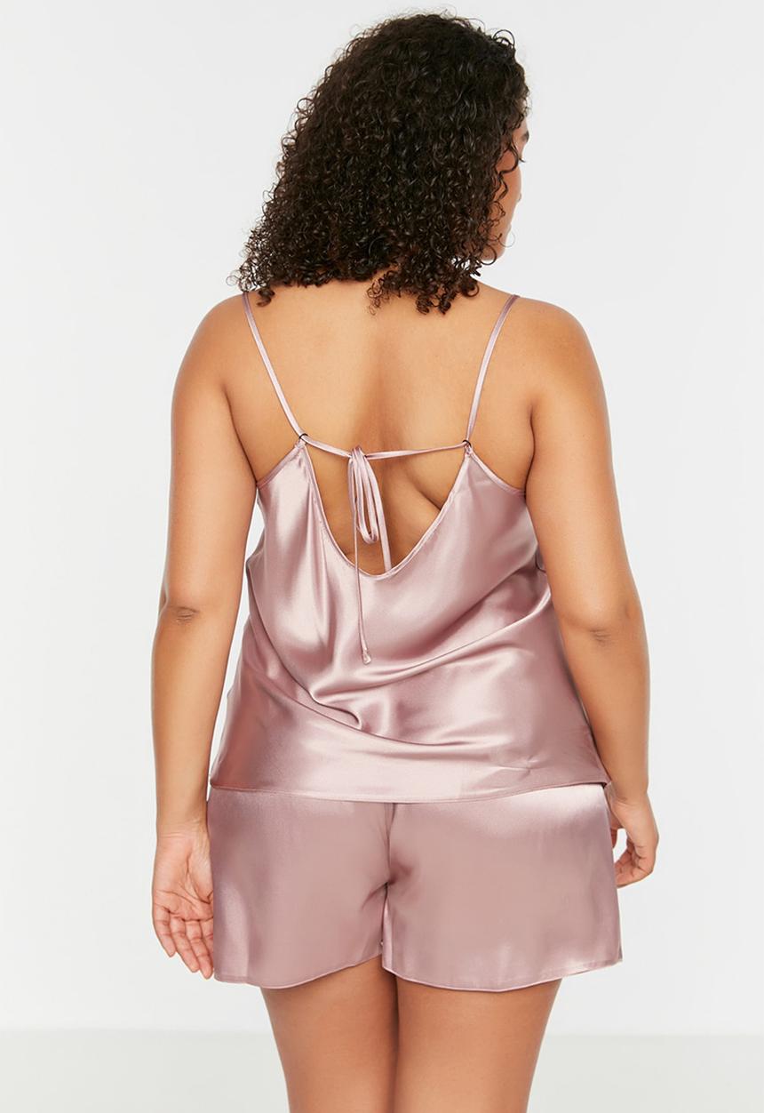 Trendyol - Plus Strap Satin Pajamas Set - Pink
