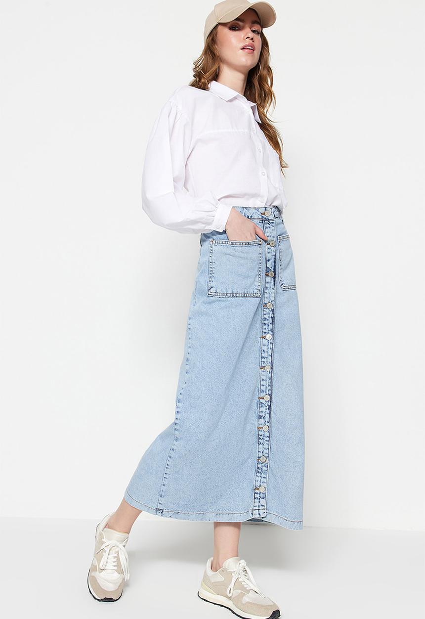Trendyol - Double Pocket High Waist Denim Jeans Skirt - Light Blue