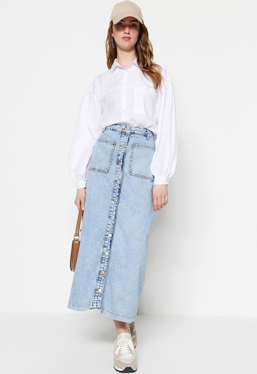 Trendyol - Double Pocket High Waist Denim Jeans Skirt - Light Blue