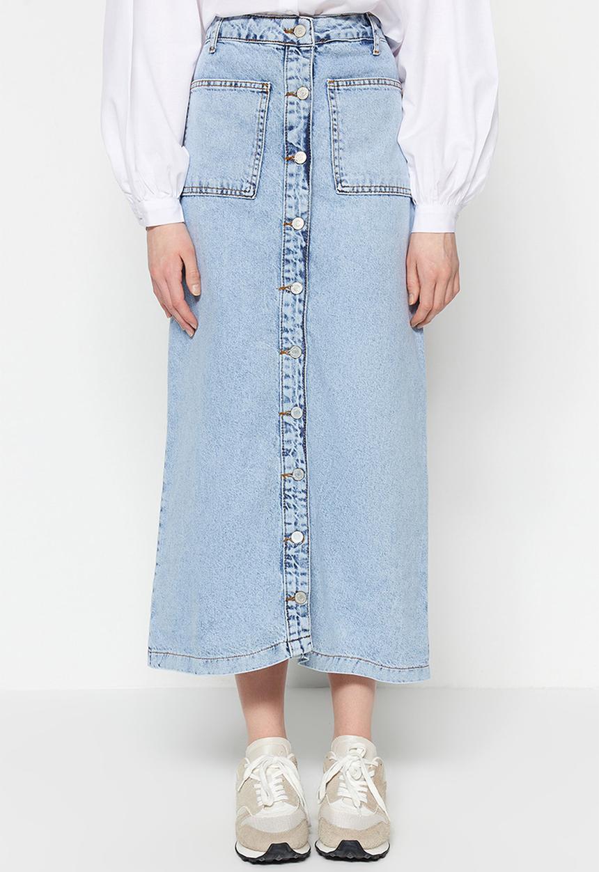 Trendyol - Double Pocket High Waist Denim Jeans Skirt - Light Blue