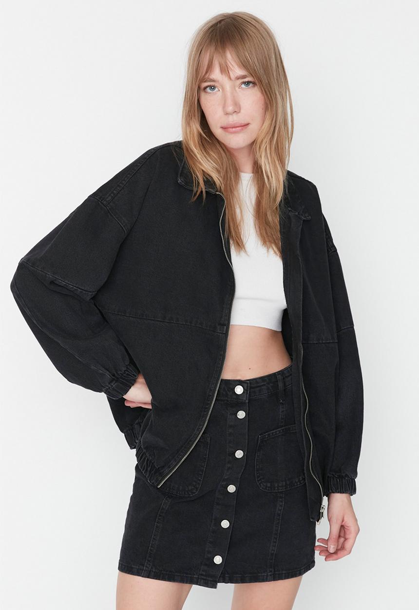 Trendyol - Zippered Oversized Bomber Denim Jacket - Black