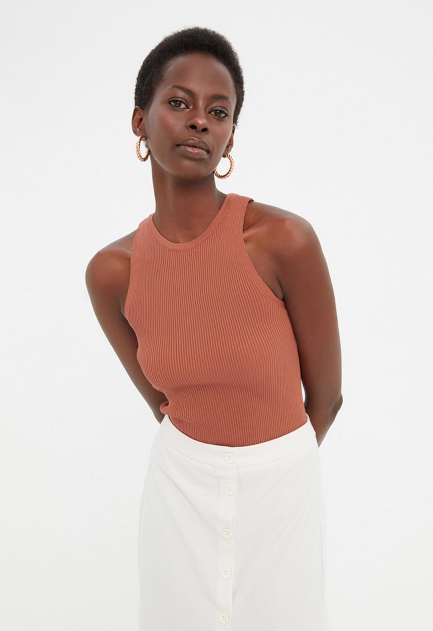 Trendyol - Rib Knitwear Blouse - Brown